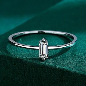 Sterling Silver Rectangular Cubic Zircon Ring Minimalist, Dainty Diamond Size 7